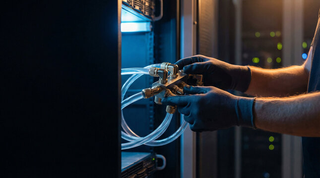 Technician connecting liquid cooling manifold for data center servers