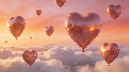 Fototapeta premium Heart-shaped balloons floating above soft white clouds at sunset with warm golden light, pink and peach sky gradient, glossy reflections and a feeling of romantic freedom, photorealistic cinematic