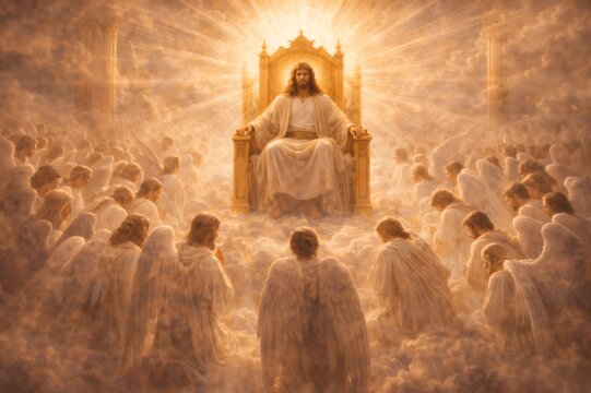 Jesus christ enthroned in glory, angels worshipping