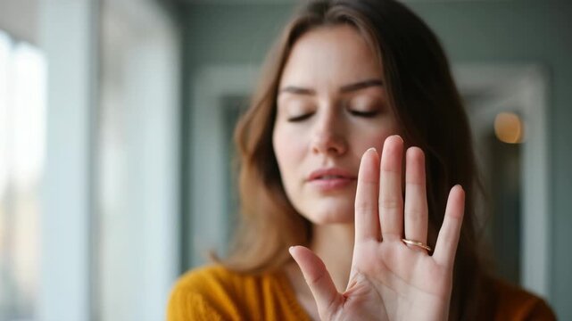 Close-up of woman with hand raised in stop gesture, expressing refusal or rejection. Soft natural light, blurred background. Concept of boundaries and personal space.