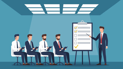 Obraz premium Professional Business Presentation with Speaker Explaining Checklist to Audience in Meeting Hall