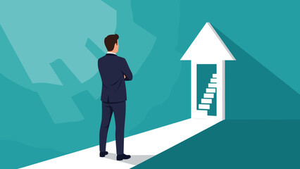 Fototapeta premium Businessman Looking at Success Path Arrow with Career Ladder Illustration for Personal Growth
