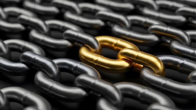 Golden link in heavy metal chain representing leadership and unique connection