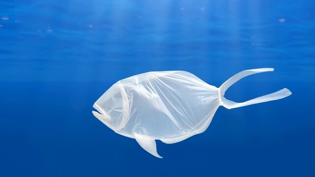 Fish swimming in ocean with plastic bag wrapped around its body. Highlights the impact of pollution on marine life and the urgent need for environmental awareness