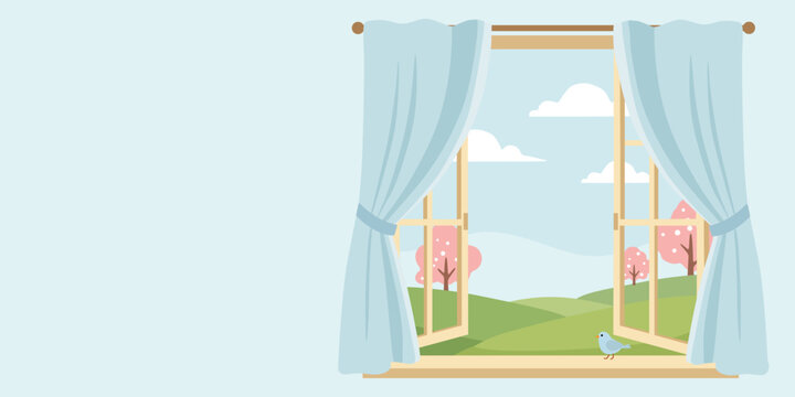 Vector illustration of an open window with curtains and a spring landscape outside the window. Soft pastel colors, a fresh morning atmosphere, a bird on the windowsill and an empty copy space.