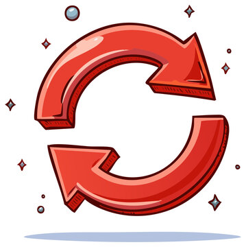 Glossy red refresh or reload symbol with two circular arrows in a fun cartoon illustration style with sparkles