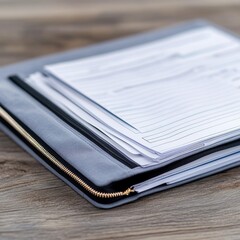 Gray document holder with papers on wooden table, close-up, shallow depth of field. Document, Organizer