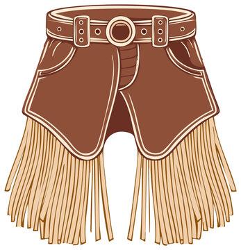 Illustrated cowboy chaps with a fringed bottom and a belted waist for western themes and rodeo events attire