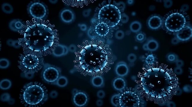 Close-up of virus particles in a dark environment, illustrating the microscopic world of pathogens and their impact on health and disease