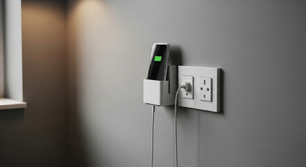 Modern Phone Charging Dock Mounted on Gray Wall Near Electrical Socket