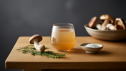 Healthy Shiitake Mushroom Drink with Natural Ingredients on Wooden Table