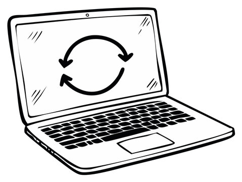 Laptop with Circular Arrow Refresh Icon in Hand Drawn Sketch Style