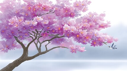 Obraz premium Beautiful Cherry Blossom Tree With a Bird Flying in a Serene Landscape During Spring