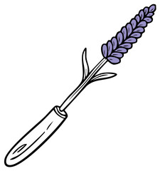 Single Lavender Flower Outline Cartoon Style with Gardening Tool
