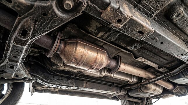 Underside view of a car showing a rusty catalytic converter and exhaust system. Automotive repair and maintenance concept for vehicle service.