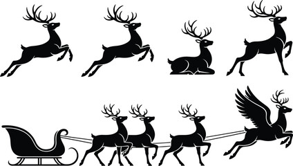 christmas reindeer silhouettes, santa sleigh team, flying deer poses, winter holiday magic, black vector animals, festive seasonal illustration set © Afsun