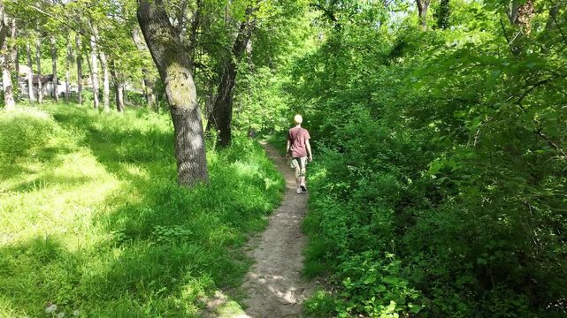 Young woman walking along a narrow forest path surrounded by green trees and sunlight. Rear view. Concept of nature escape, calm lifestyle, outdoor recreation and mindful walking