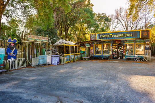 The themed exterior of the Pirates Treasure House, a unique retail shop located in the historic fishing village of Little River, just north of Myrtle Beach, South Carolina, December 7 2025.
