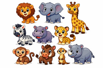 Fototapeta premium Cute cartoon safari animals collection: lion, elephant, giraffe, zebra, hippo, cheetah, monkey, warthog, meerkat, rhino