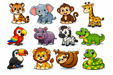 Obraz premium Cartoon safari animals collection: tiger, elephant, monkey, giraffe, parrot, hippo, zebra, crocodile, toucan, lion, sloth, snake
