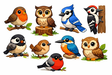 Obraz premium Adorable cartoon birds: owl, blue jay, woodpecker, robin, kingfisher, sparrow