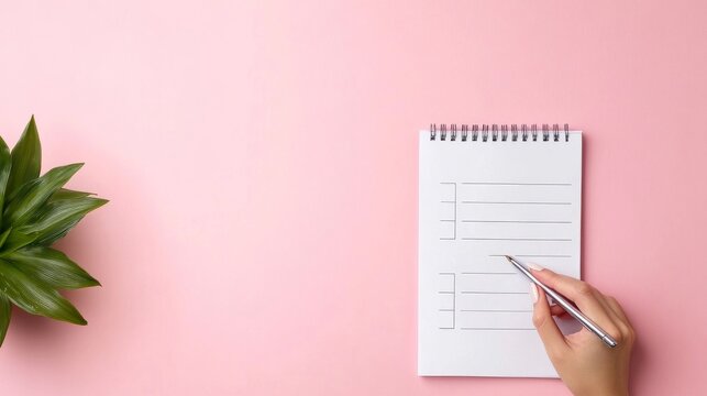 Top-down shot of a hand writing in a spiral notebook on a pink background with a green plant on the left. Checklist, planning, study, productivity