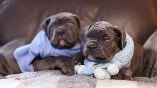 Two cute little Cane Corso puppies in knitted blue scarves on a checkered wool blanket