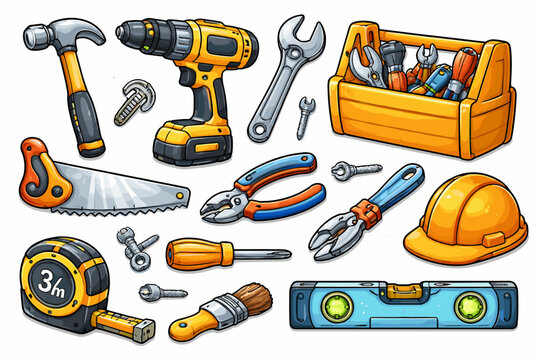 Colorful cartoon hand tools set with drill, toolbox, and safety gear