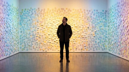 Fototapeta premium Man standing in art gallery surrounded by colorful sticky notes on walls creating vibrant pastel colored atmosphere