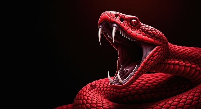 Fierce red snake with open mouth and fangs