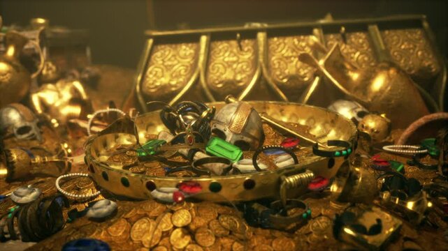 A secret chamber reveals an abundance of golden treasures, including coins, jewelry, and ancient artifacts, meticulously scattered across the floor, waiting to be uncovered.