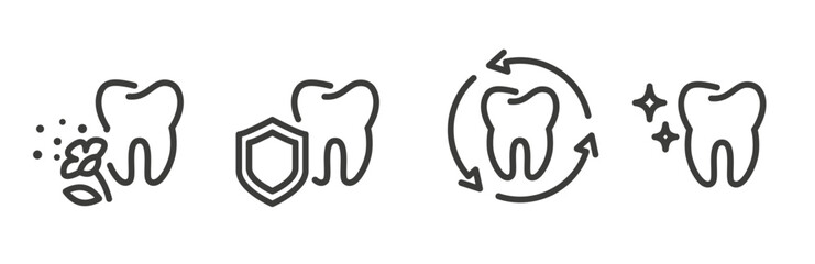 tooth icons, icon set of teeth protection, fresh breath, preventing bacteria and plaque, teeth whitening and shine, line vector art