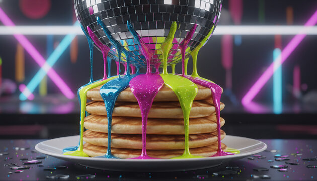Surreal melting disco ball dripping onto stack of pancakes with colorful neon syrup. Party food concept.