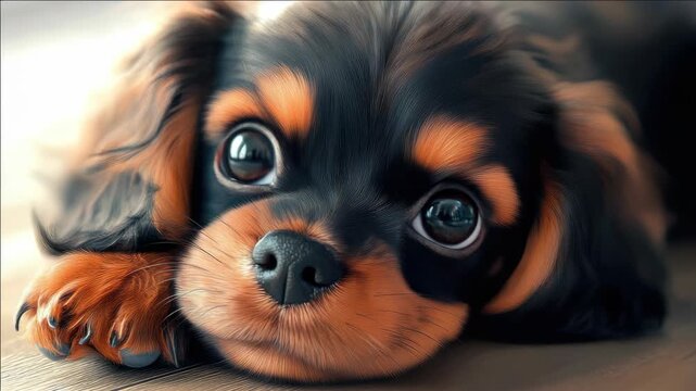 A charming Cavalier King Charles Spaniel puppy looks at the camera with a captivating gaze. The puppy's fur is beautifully soft and multicolored with patches of black