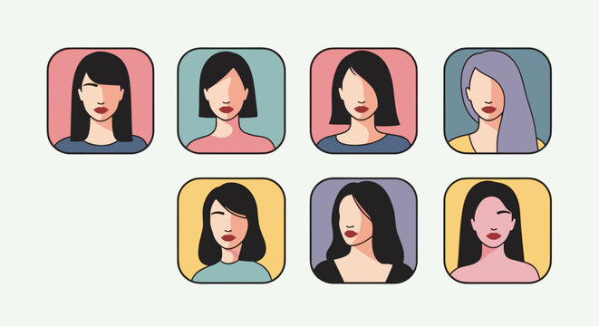 Collection of diverse female avatars with different hairstyles and colors.