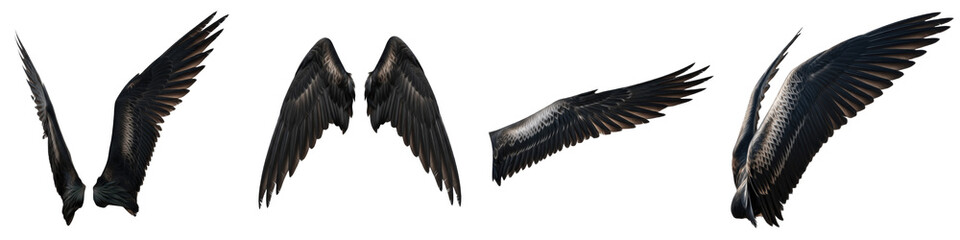 Realistic Crow and Raven Wing Collection Featuring Iridescent Black Plumage and Dynamic Flight Postures Isolated on White Background PNG Mockup