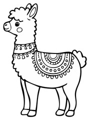 Obraz premium Cute line art illustration of a llama wearing a decorative saddle and collar