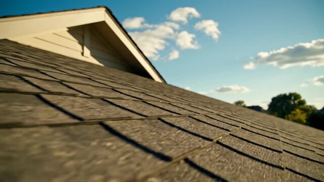 A close up of a roof with shingles, partial chimney, and house peak; blue sky with clouds