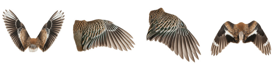 Realistic Hawk Wing Collection Featuring Detailed Brown Feather Patterns and Dynamic Flight Postures Isolated on White Background PNG Mockup