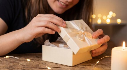 Close up of a smiling person gently opening a beautifully wrapped pale cream gift box tied with a satin ribbon beside a glowing white candle and warm fairy lights
