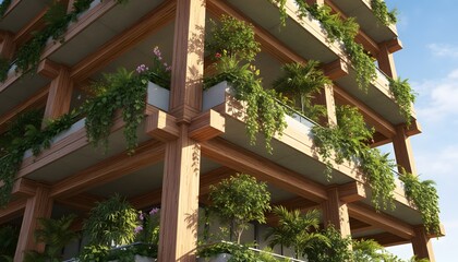 Fototapeta premium Modern sustainable building with lush greenery and wooden balconies under blue sky