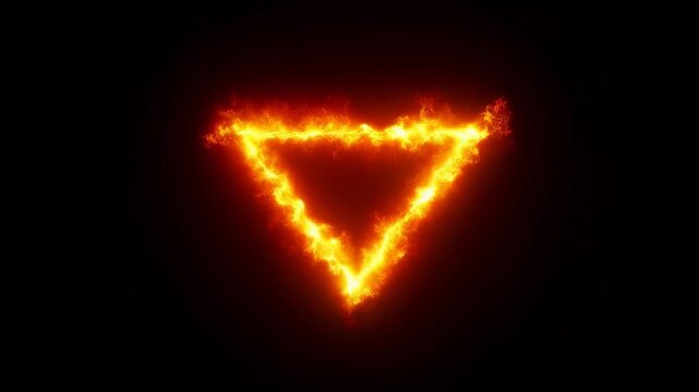 Glowing fiery triangle symbol on a dark background. Represents energy, transformation, and dynamic movement in visual design