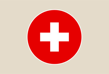 Fototapeta premium Minimalist Bright Red Circular Symbol with White Cross Representing Swiss Flag Emblem or First Aid on a Clean Beige Background
