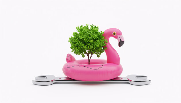 Pink flamingo floatie with green tree sitting on wrench. Surreal travel repair concept.