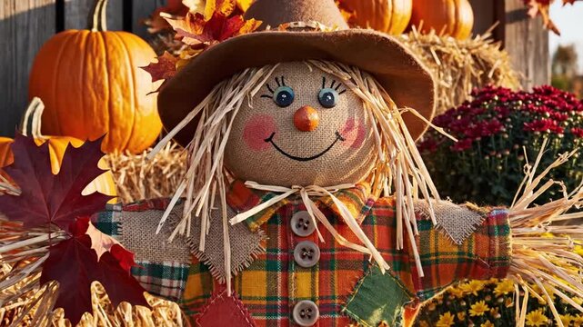 A close up of a scarecrow, orange pumpkins, flowers, and straw. Autumn scene