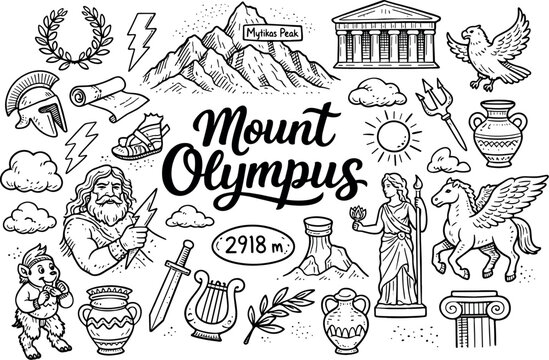 Mount Olympus Doodle. Iconic Mount Olympus summit hand drawn doodle elements set, center hand-lettered title, black & white vector