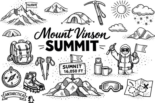 Iconic Mount Vinson summit hand drawn doodle elements set, center hand-lettered title, black & white vector line art, bold clean