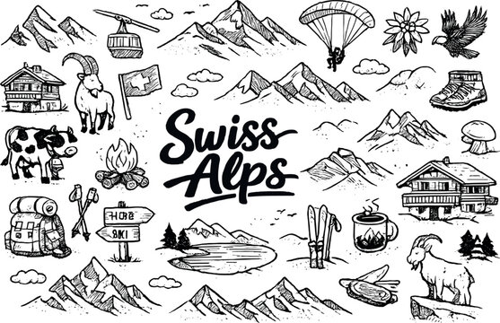 Iconic Swiss Alps mountain range hand drawn doodle elements set, center hand-lettered title, black & white vector line art, bold