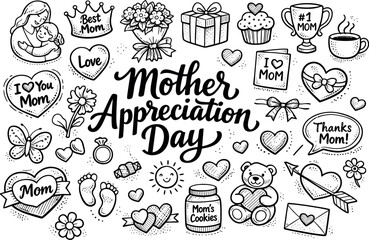 Mother's Day Doodle. Mother appreciation day hand drawn doodle elements set, center hand-lettered title, black & white vector line