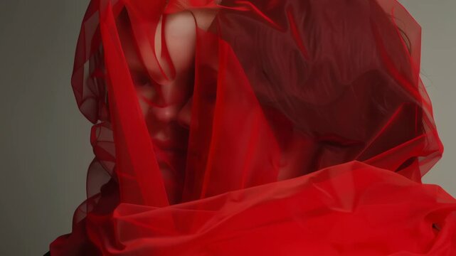 Two young people wrapped in flowing red fabric creating an artistic romantic portrait symbolizing love and emotional connection for Valentine&rsquo;s Day